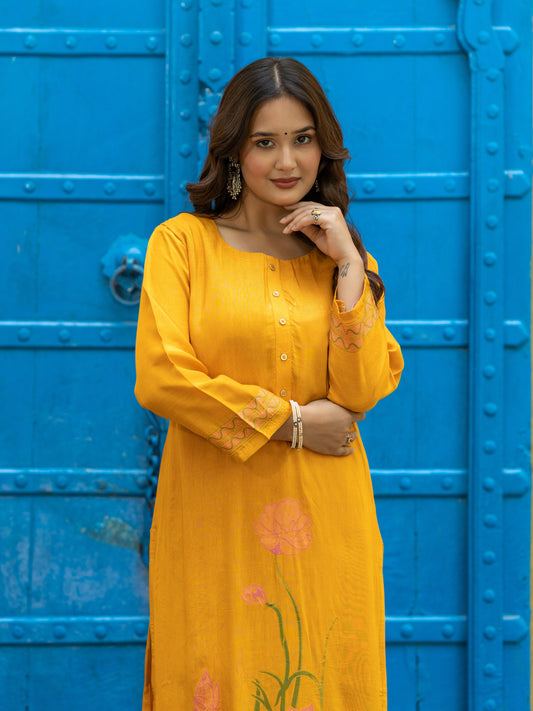 Women Yellow Viscose Jacquard Kurta with Pink Lotus Woven Design & Solid Pants