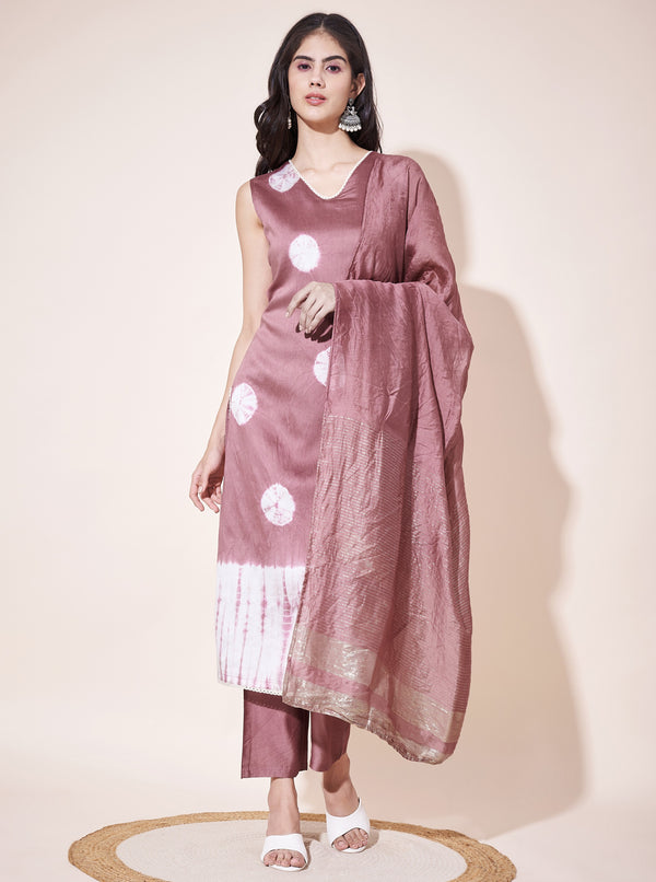 Aspora Onion Pink Pure Silk Shibori Printed Straight Kurta With Trousers & Dupatta(KS-LF-Sibori-242-Onion)