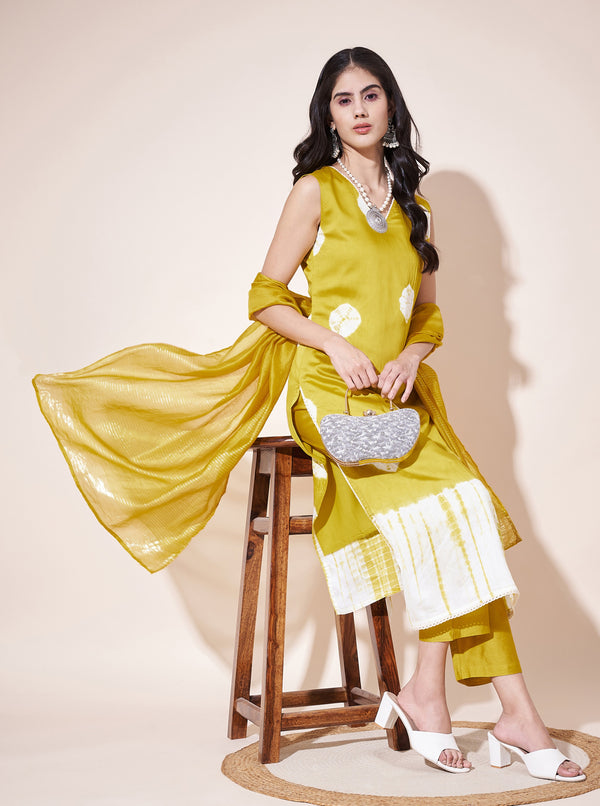 Aspora Yellow Pure Silk Shibori Printed Straight Kurta With Trousers & Dupatta(KS-LF-Sibori-243-Yellow)