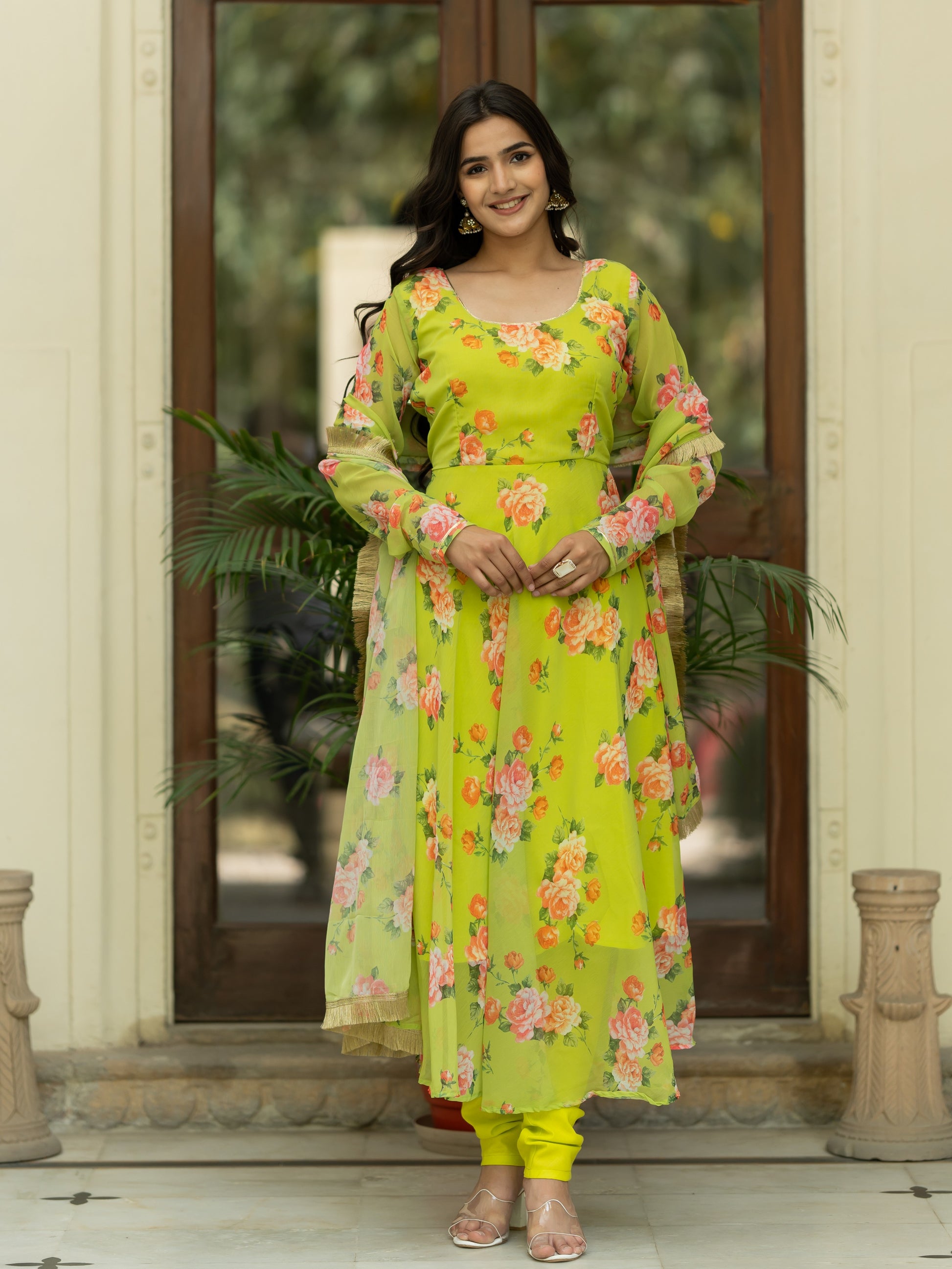 parrot green anarkali dress Parrot green organza brush print anarkali suit set of 3