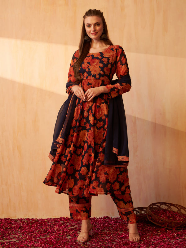 Aspora Orange & Blue Colored Floral Printed Georgette Kurta With Palazoo & Dupatta(KS-ME-Siri-Orange)