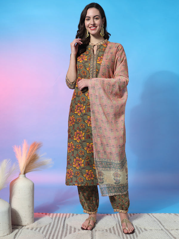 Aspora Olive Floral Printed Pure Cotton Kurta & Salwar With Dupatta(KS-NVLK-418-Mehandi)