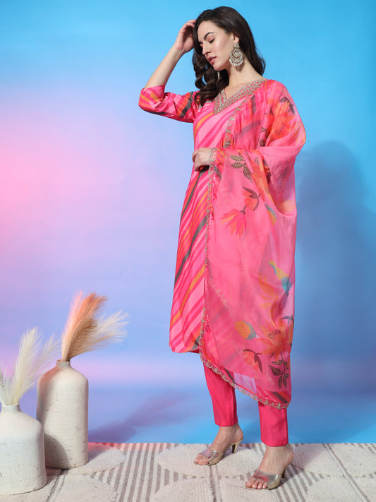 Aspora Women's Pink Art Silk Striped Kurta with Trousers & Dupatta