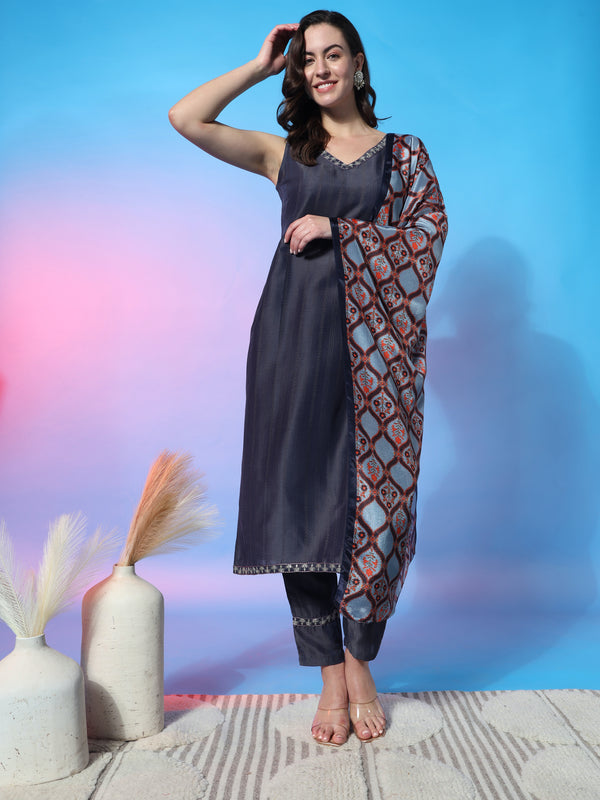 Aspora Grey Colored Floral Woven Silk Blend Kurta With Trouser & Dupatta(KS-NVLK-431-Grey)