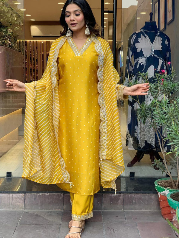 Aspora Yellow Art Silk Embroidered Straight Kurta With Trousers & Dupatta (KS-NVLK-470-Yellow)