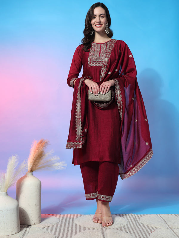 Aspora Wine Colored Ethnic Motif Sequinned Kurta With Palazzos & Dupatta(KS-VNF-Anupriya-Wine)