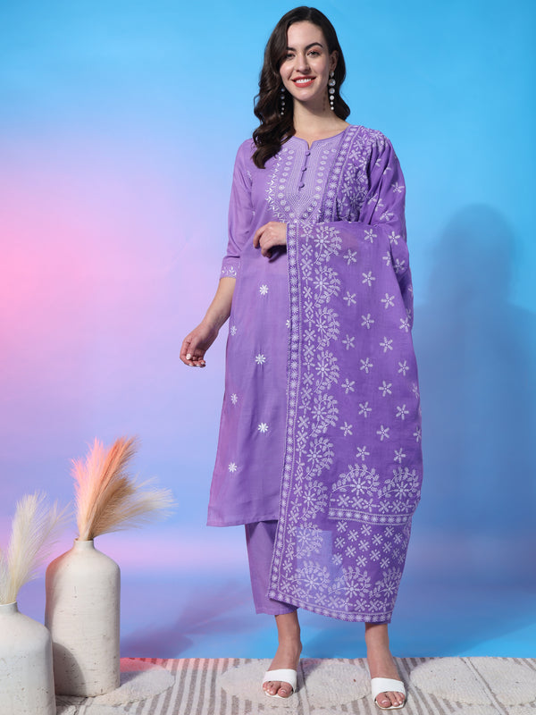 Aspora Women's Lavender Color Embroidered Pure Cotton Straight Kurta & Trouser With Dupatta(KS-VNF-Eva-Lavender)