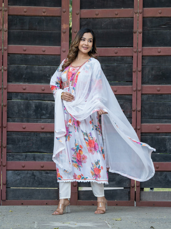 Aspora White Silk Chiffon Floral Embroidered Anarakli Kurta With Trouser & Dupatta(KS-VNF-Lisa-White)