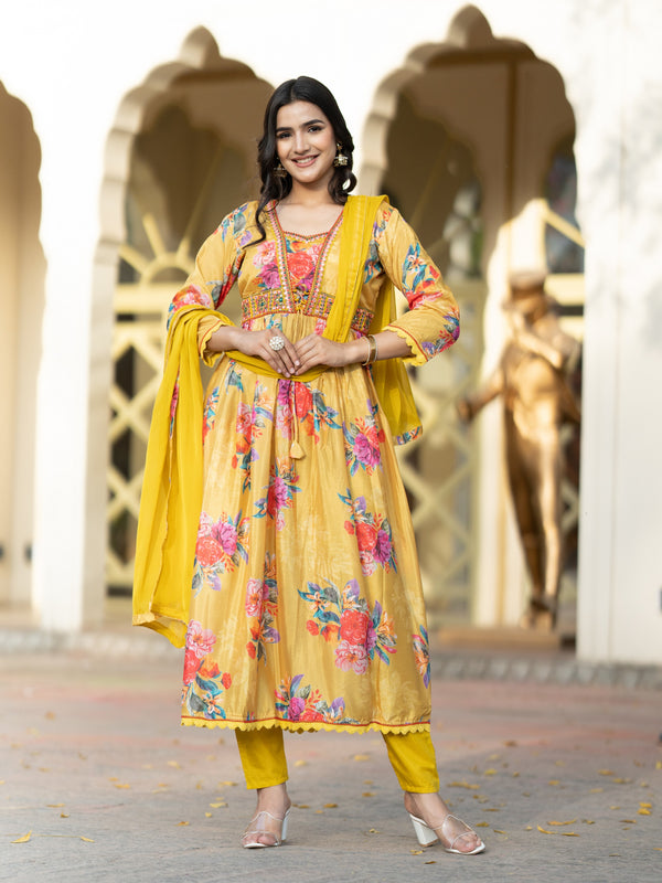 Aspora Yellow Silk Chiffon Floral Embroidered Anarakli Kurta With Trouser & Dupatta(KS-VNF-Lisa-Yellow)