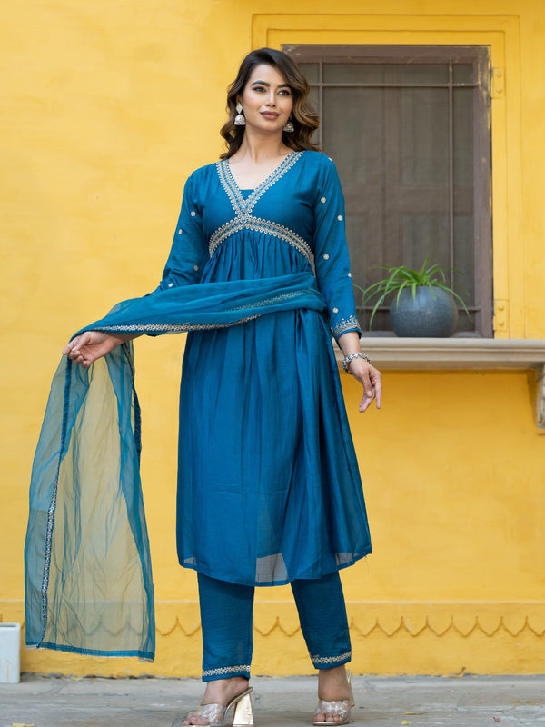 Aspora Rama Floral yoke Anarkali Kurta With Trousers & Dupatta (KS-VNF-Muskan-Petrol)