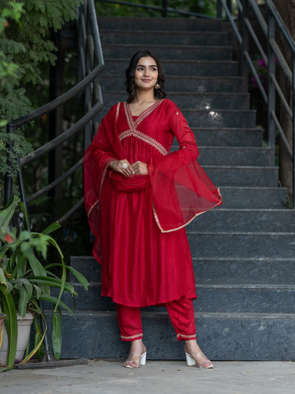 Aspora Red Floral yoke Anarkali Kurta With Trousers & Dupatta (KS-VNF-Muskan-Red)