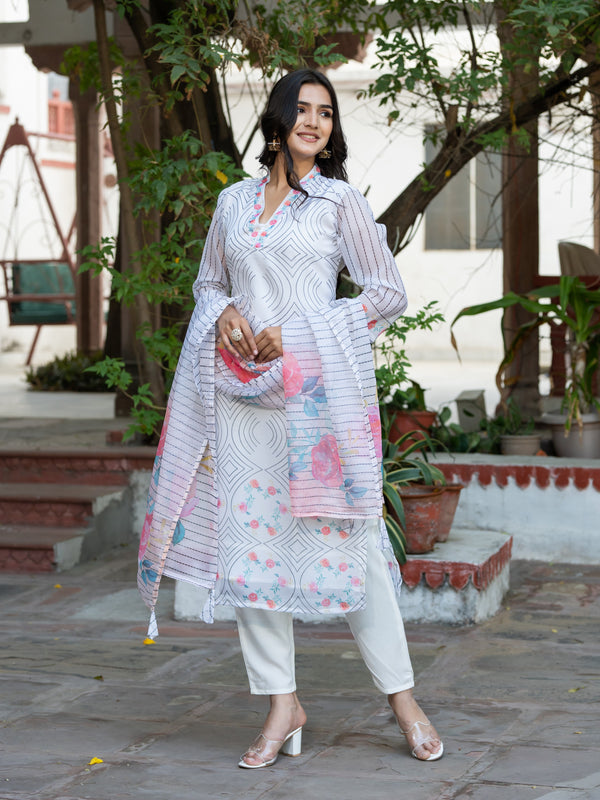 Aspora White Floral Printed Organza Kurta With Trouser & Dupatta(KS-VNF-Sneha-Cream)