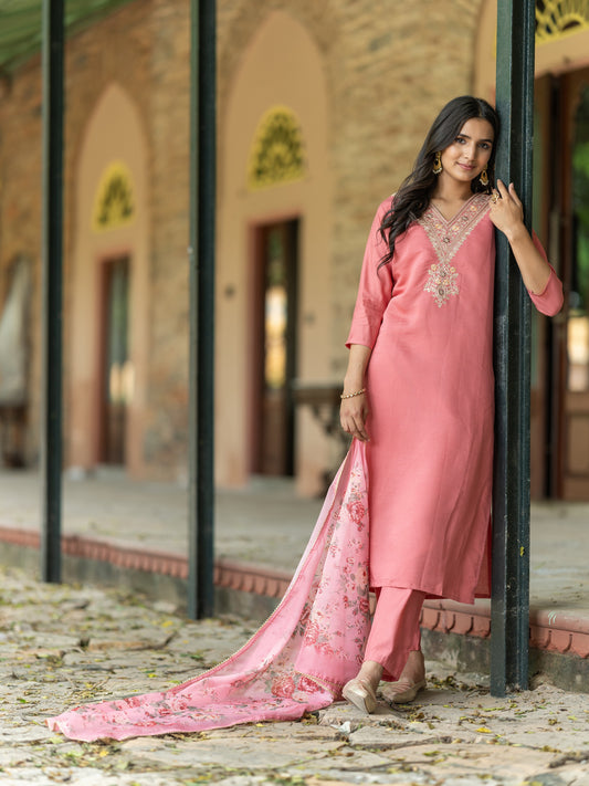 Peach Pink Color Women Embroidered Kurta Trouser Set with Printed Dupatta