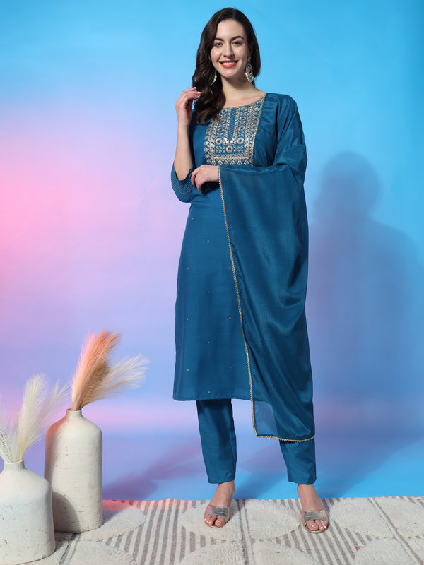 Aspora Wome's Teal Color Embroidered Zari Sequined Kurta with Trousers & Dupatta(KS-362-Petrol)