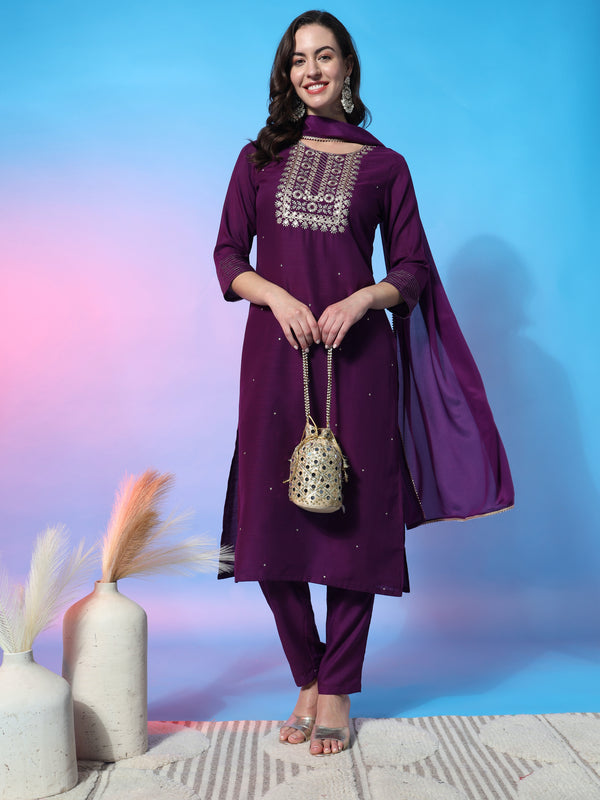 Aspora Wome's Purple Color Embroidered Zari Sequined Kurta with Trousers & Dupatta(KS-362-Purple)