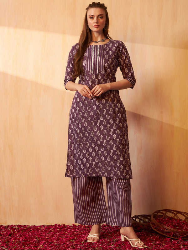 Aspora women Purple Pure Cotton Printed Kurta with Palazzo(KS-Simran-Purple)