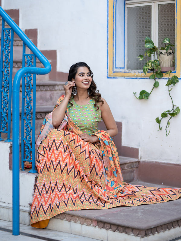 Orange Printed Semi-Stitched Lehenga & Unstitched Blouse With Dupatta (LHG-BL-ASL_11-Orange)