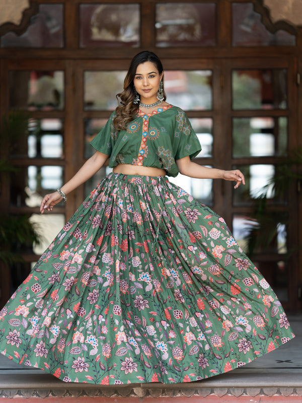 Green Floral Printed Semi-Stitched Lehenga & Unstitched Blouse (LHG-BL-ASL_14-D.Green)