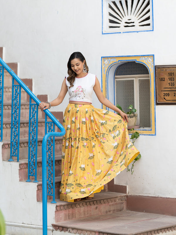 Yellow Printed Semi-Stitched Lehenga & Unstitched Blouse (LHG-BL-ASL_15-Yellow)