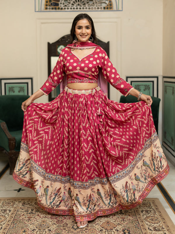 Dark Pink Printed Semi-Stitched Lehenga & Unstitched Blouse With Dupatta (LHG-BL-ASL_17-Burgundy)