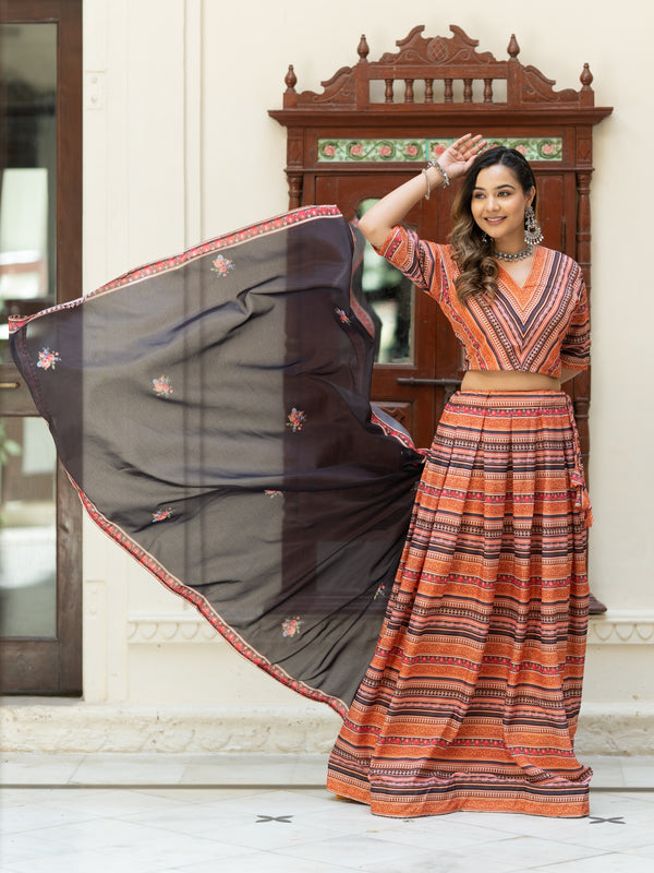 Orange Printed Semi-Stitched Lehenga & Unstitched Blouse With Dupatta (LHG-BL-ASL_18-Orange)