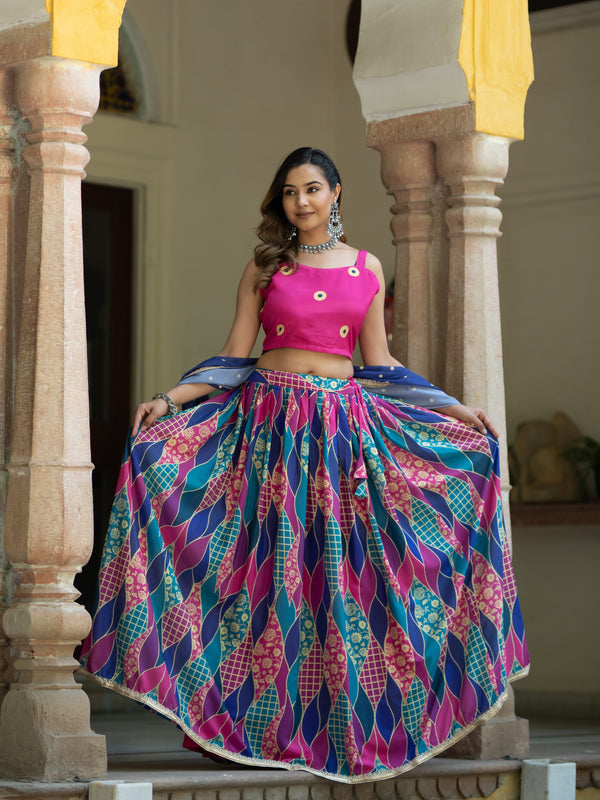 Pink & Blue Printed Semi-Stitched Lehenga & Unstitched Blouse With Dupatta (LHG-BL-ASL_2-PinkBlue)