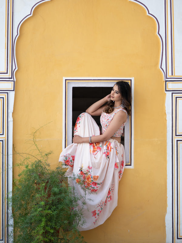 Cream Floral Printed Semi-Stitched Lehenga & Unstitched Blouse (LHG-BL-ASL_7-Cream)