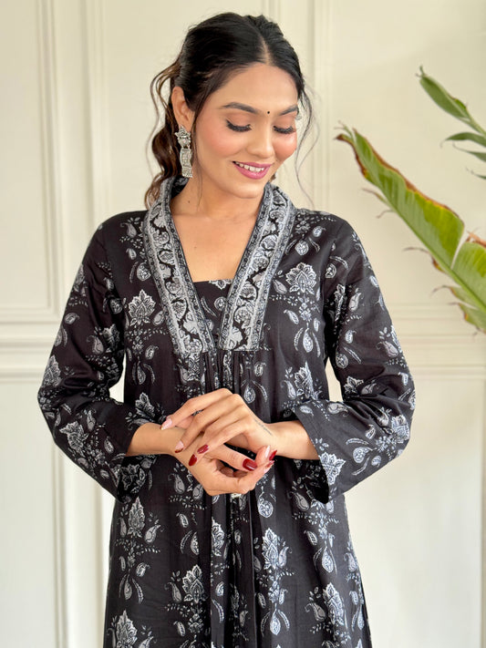 Women's Black Jaipuri-Style Printed Pure Cotton Anarkali Kurta with Pant & Dupatta