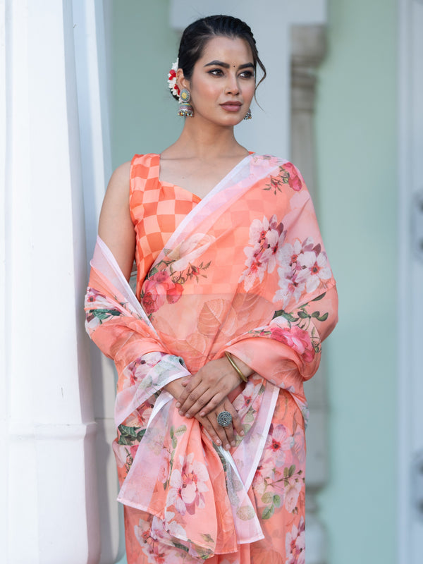 Aspora Women's Peach Poly Georgette Floral Printed Saree With Blouse Piece (SR-BL-O13-Peach)