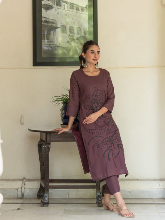 Wine Cotton Embroidered Kurta with Plain Trouser