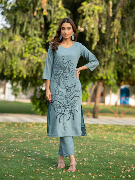 Turquoise Blue Cotton Embroidered Kurta with Plain Trouser