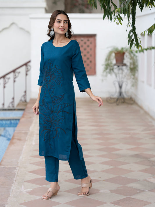 Blue Cotton Embroidered Kurta with Plain Trouser