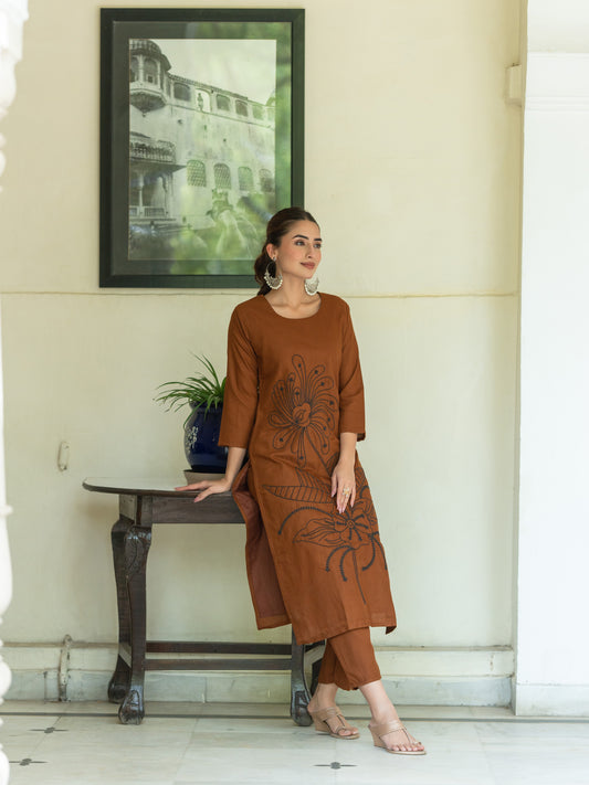 Rust Cotton Embroidered Kurta with Plain Trouser