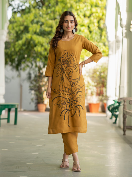 Mustard Cotton Embroidered Kurta with Plain Trouser