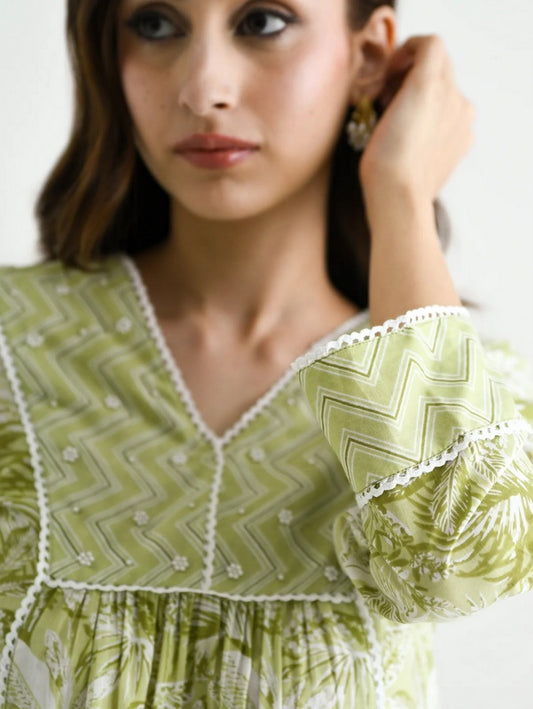 Lemon Floral Yoke Design Pleated Beads and Stones Kurta with Trouser