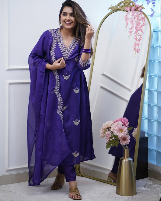 Purple Embroidered With Flared  Chanderi Straight Kurta With Trousers & Dupatta