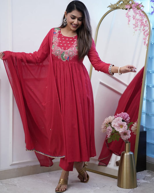 Maroon Color Embroidered With Lace Work And Flared Anarkali Kurta With Trousers & Dupatta