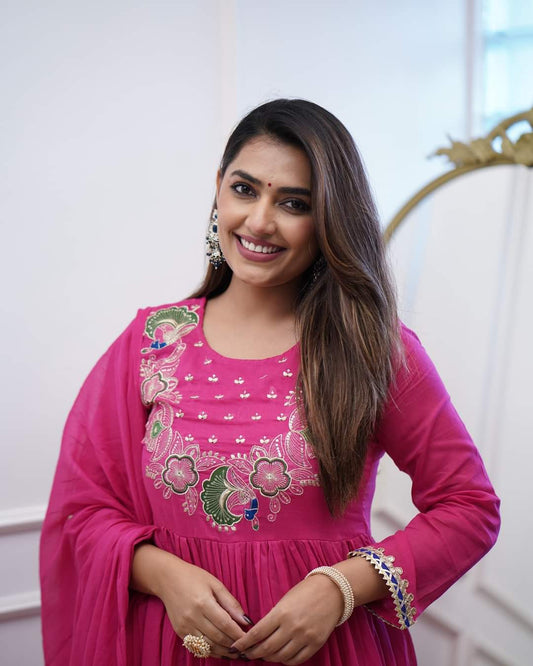 Pink Color Embroidered With Lace Work And Flared Anarkali Kurta With Trousers & Dupatta
