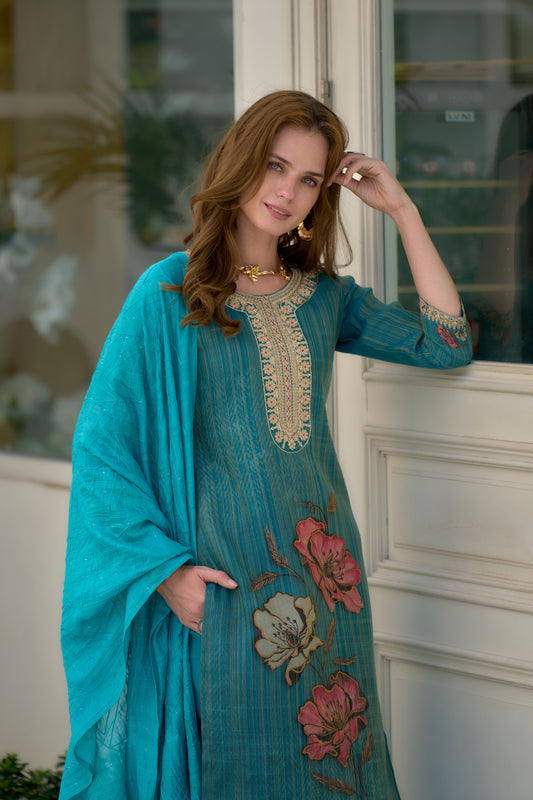 Rama floral printed and embroidery Tissue Kurta With Trouser & Dupatta