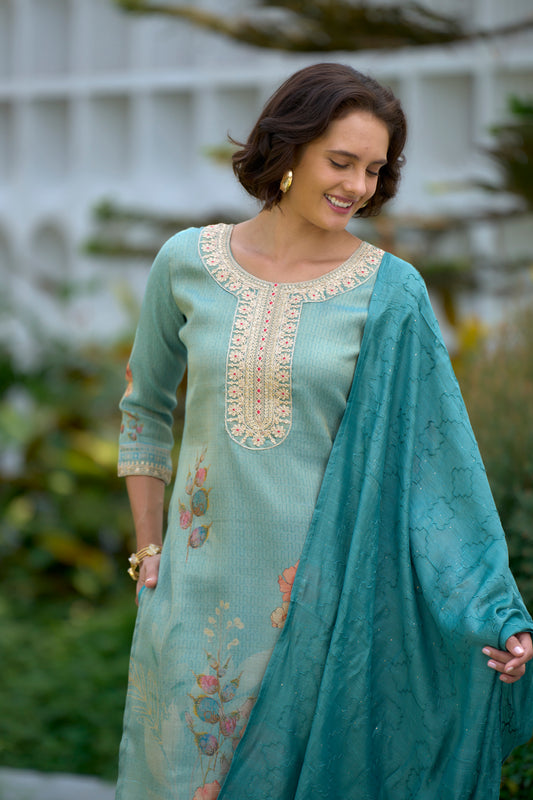 SeaGreen floral printed and embroidery Tissue Kurta With Trouser & Dupatta