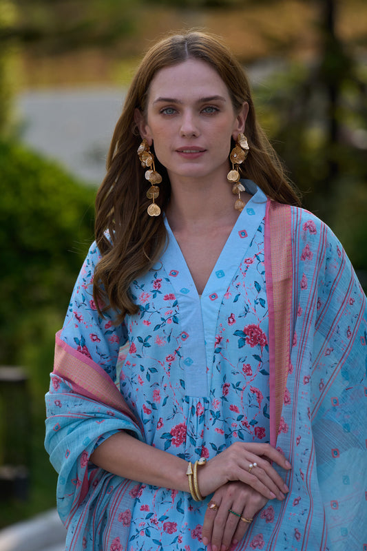Skyblue floral printed Vatican Kurta With Trouser & Dupatta