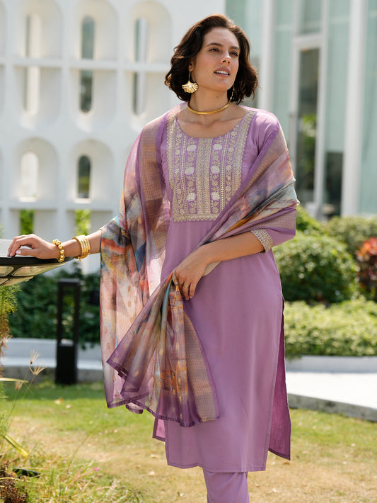 Lavender Embroidered Viscose-Rayon Kurta Set with Printed Organza Dupatta