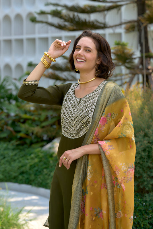 Mehandi-Green Embroidered Viscose-Rayon Kurta Set with Printed Organza Dupatta