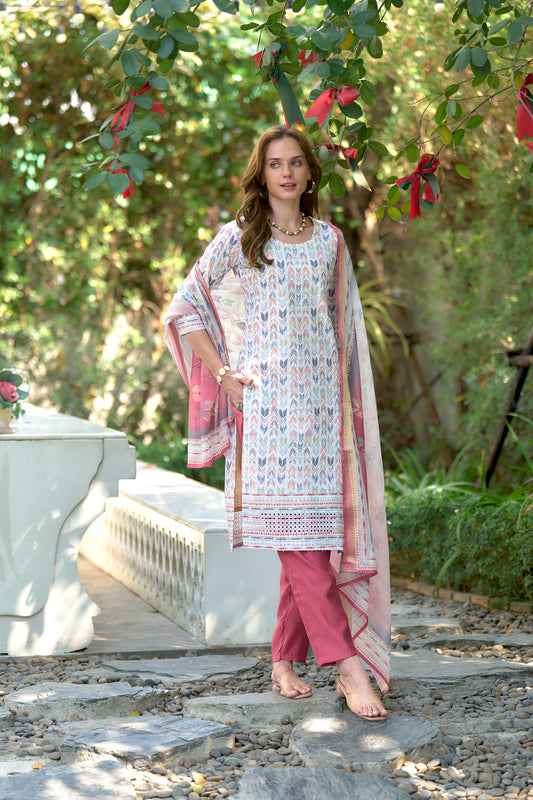 White Pink Cotton Printed Kurta with Trouser & Linen Dupatta