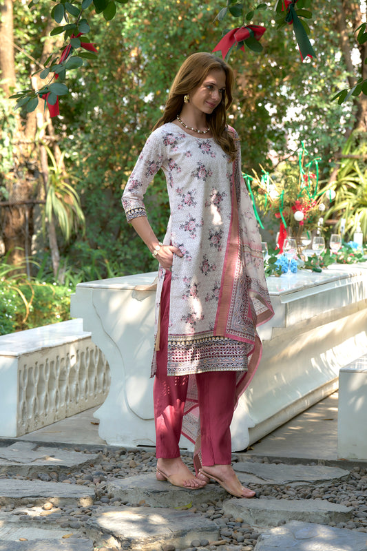 White Cotton Printed Kurta with Trouser & Linen Dupatta