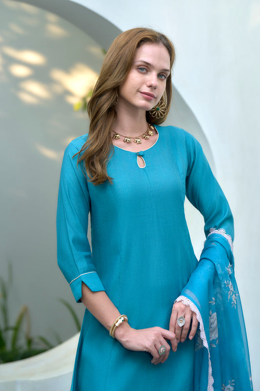 Sky Blue Vatican Kurta Set with Embroidered Neckline and Organza Dupatta