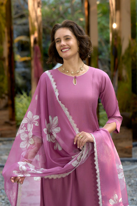 Pink Vatican Kurta Set with Embroidered Neckline and Organza Dupatta