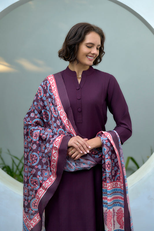 Wine Kurta Set in Vatican Fabric with Contrasting Chinnon Dupatta