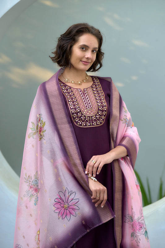 Purple Iris Embroidered Kurta with Matching Trouser & Floral Organza Dupatta