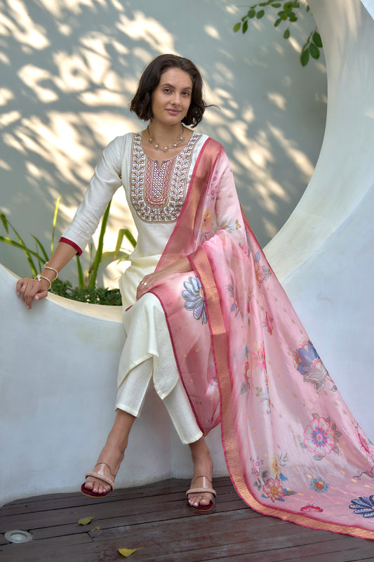 White Embroidered Kurta with Matching Trouser & Floral Organza Dupatta